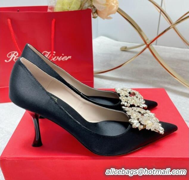 Unique Style Roger Vivier RV Bouquet Crystal Pearl Buckle Pumps in Silk 8.5cm Black 2101141