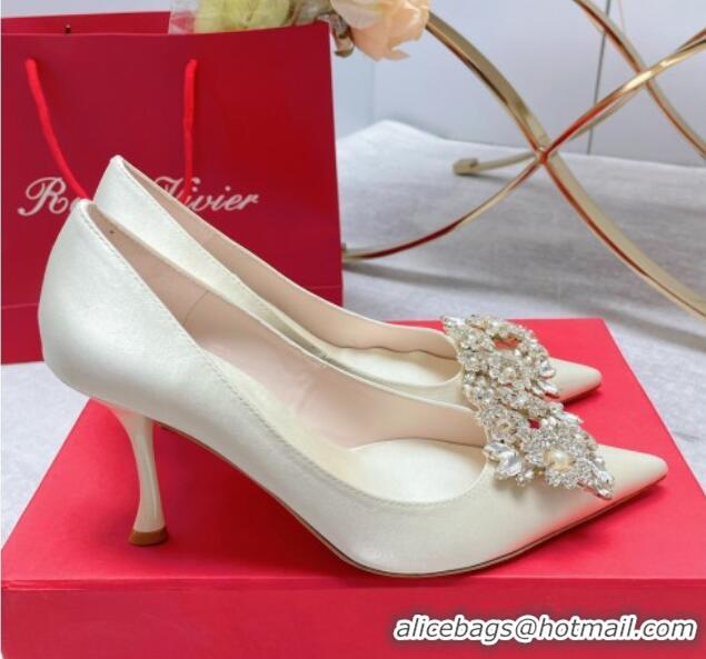 Best Price Roger Vivier RV Bouquet Crystal Pearl Buckle Pumps in Silk 8.5cm White 101145