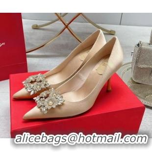 1:1 aaaaa Roger Vivier RV Bouquet Crystal Pearl Buckle Pumps in Silk 8.5cm Nude 101148