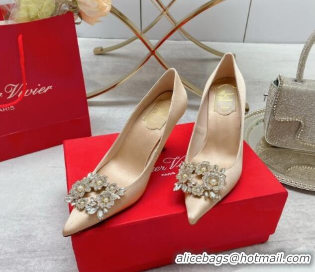 1:1 aaaaa Roger Vivier RV Bouquet Crystal Pearl Buckle Pumps in Silk 8.5cm Nude 101148