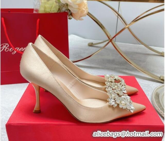 1:1 aaaaa Roger Vivier RV Bouquet Crystal Pearl Buckle Pumps in Silk 8.5cm Nude 101148