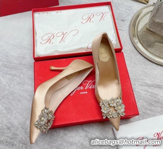 1:1 aaaaa Roger Vivier RV Bouquet Crystal Pearl Buckle Pumps in Silk 8.5cm Nude 101148