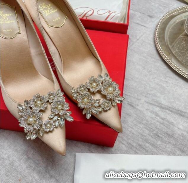 1:1 aaaaa Roger Vivier RV Bouquet Crystal Pearl Buckle Pumps in Silk 8.5cm Nude 101148