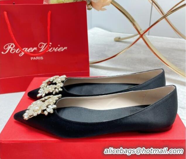 Durable Roger Vivier RV Bouquet Crystal Pearl Buckle Ballerinas in Silk Black 101142