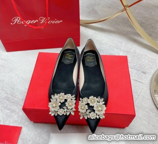 Durable Roger Vivier RV Bouquet Crystal Pearl Buckle Ballerinas in Silk Black 101142