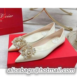 Sumptuous Roger Vivier RV Bouquet Crystal Pearl Buckle Ballerinas in Silk White 2101143