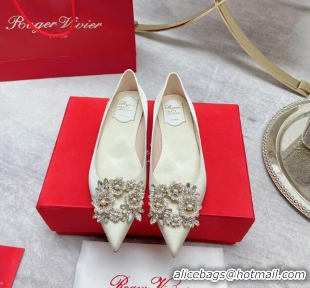 Sumptuous Roger Vivier RV Bouquet Crystal Pearl Buckle Ballerinas in Silk White 2101143