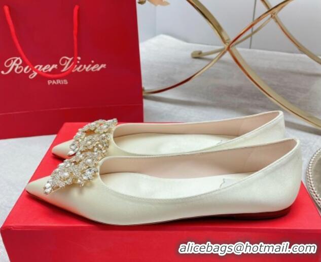 Sumptuous Roger Vivier RV Bouquet Crystal Pearl Buckle Ballerinas in Silk White 2101143