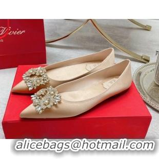 Good Quality Roger Vivier RV Bouquet Crystal Pearl Buckle Ballerinas in Silk Nude 2101146