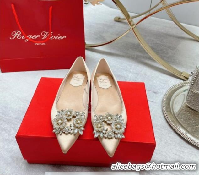 Good Quality Roger Vivier RV Bouquet Crystal Pearl Buckle Ballerinas in Silk Nude 2101146