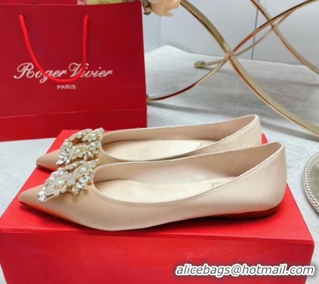 Good Quality Roger Vivier RV Bouquet Crystal Pearl Buckle Ballerinas in Silk Nude 2101146