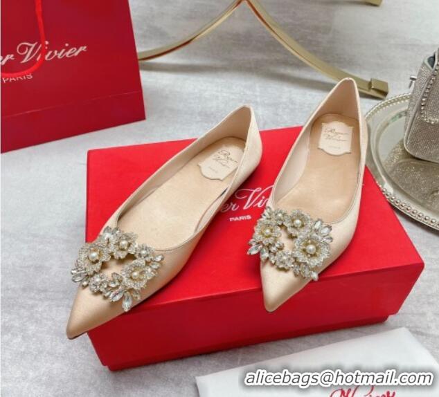 Good Quality Roger Vivier RV Bouquet Crystal Pearl Buckle Ballerinas in Silk Nude 2101146