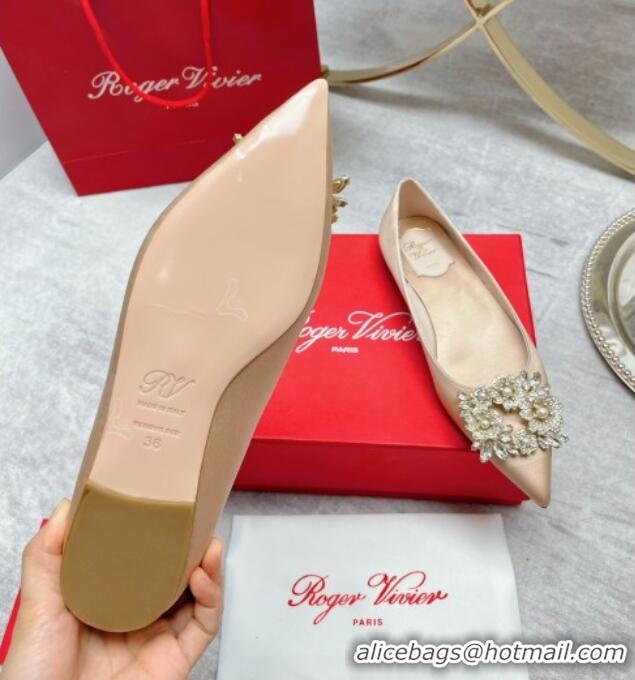 Good Quality Roger Vivier RV Bouquet Crystal Pearl Buckle Ballerinas in Silk Nude 2101146