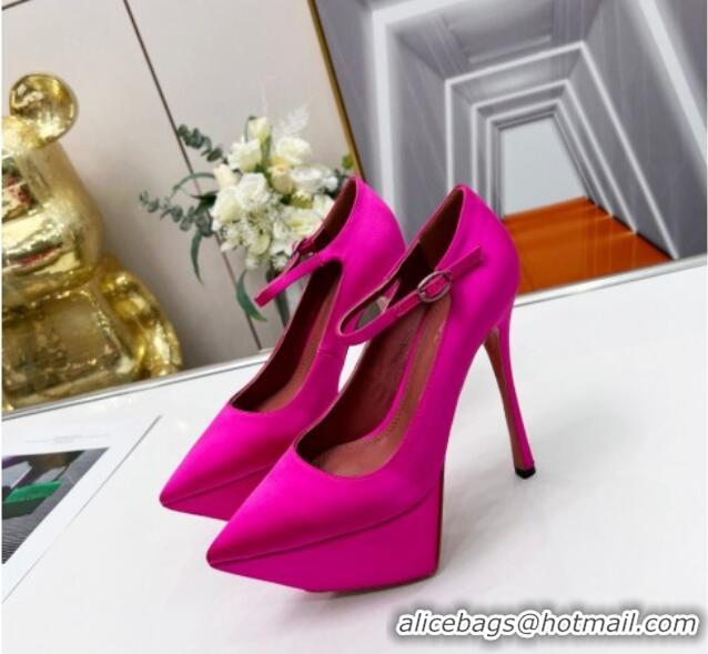 Popular Style Amina Muaddi Silk High Heel Platform Pumps 15cm Fuchsia Pink 0620136