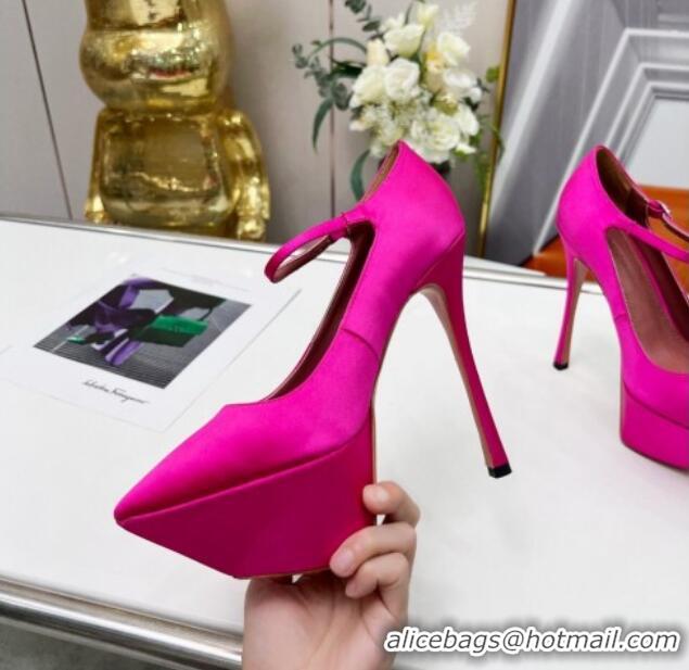 Popular Style Amina Muaddi Silk High Heel Platform Pumps 15cm Fuchsia Pink 0620136