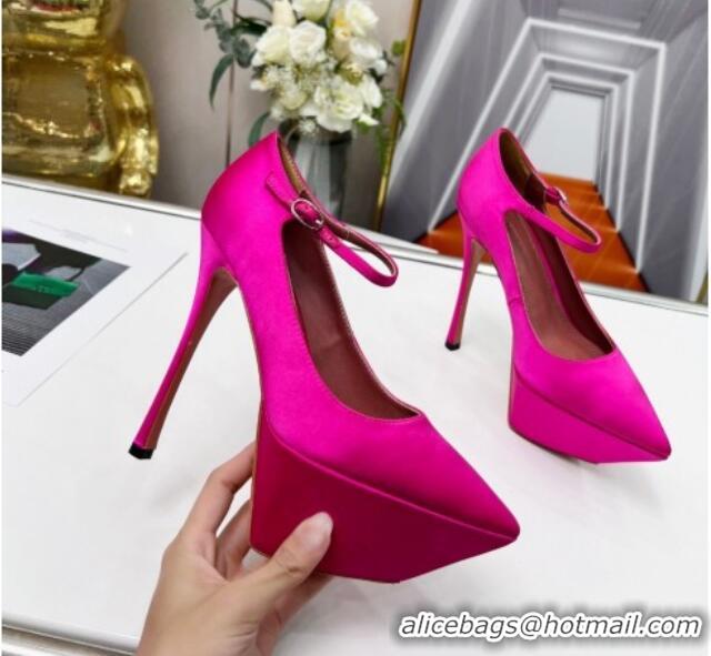 Popular Style Amina Muaddi Silk High Heel Platform Pumps 15cm Fuchsia Pink 0620136