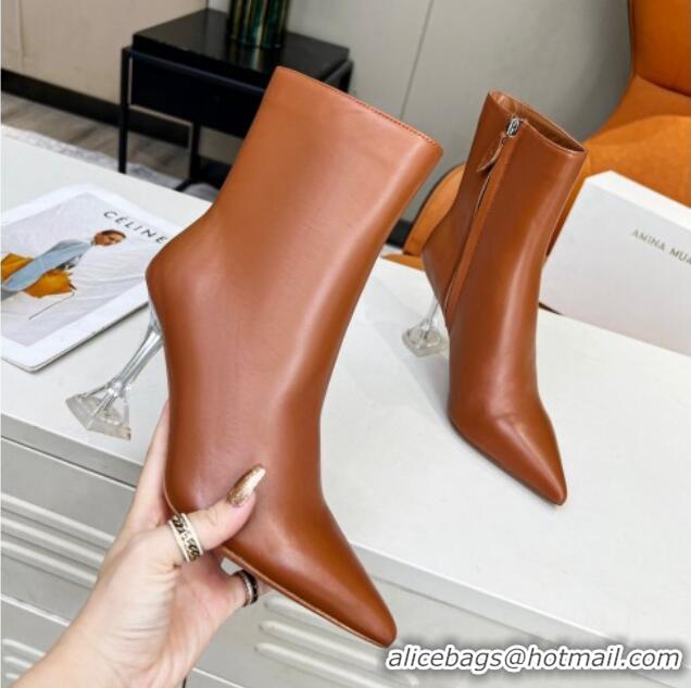 Best Product Amina Muaddi Calf Leather High Heel Ankle Boots 9.5cm Brown 082401