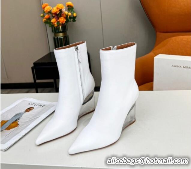 Unique Style Amina Muaddi Calf Leather Wedge Ankle Boots 9.5cm White 082405