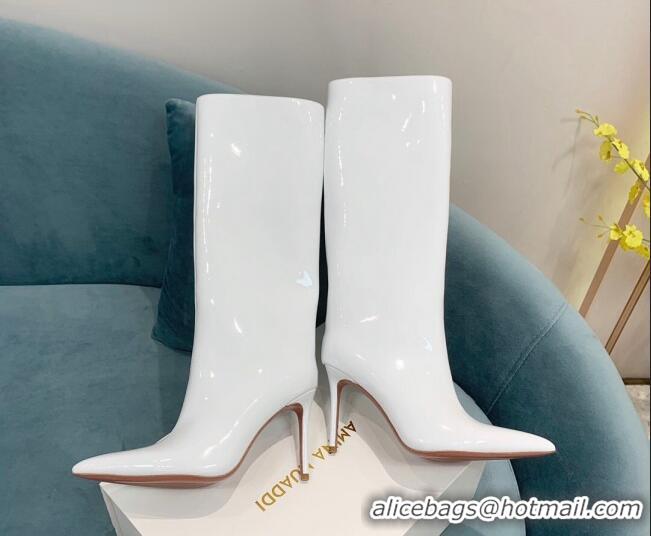 Best Grade Amina Muaddi Patent Leather High Heel Boots 9.5cm White 082409