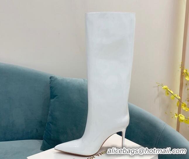 Best Grade Amina Muaddi Patent Leather High Heel Boots 9.5cm White 082409