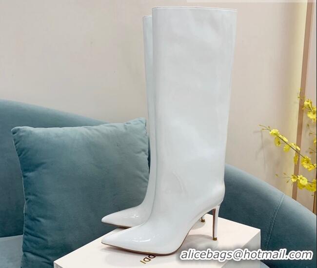 Best Grade Amina Muaddi Patent Leather High Heel Boots 9.5cm White 082409