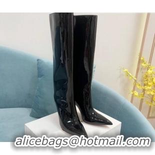 Charming Amina Muaddi Patent Leather High Heel Boots 9.5cm Black 2082410