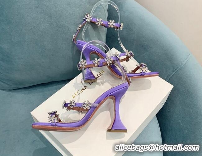 Classic Hot Amina Muaddi Lily Silk High Heel Sandals 9.5cm Purple 2022 82413