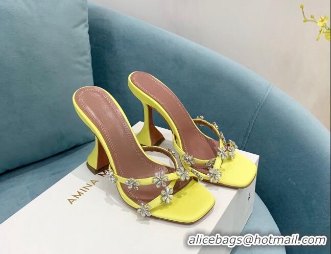 Best Grade Amina Muaddi Lily Silk High Heel Slide Sandals 9.5cm Yellow 2022 082419