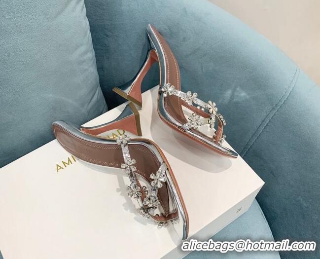 Discount Amina Muaddi Lily Leather High Heel Slide Sandals 9.5cm Silver 2082420