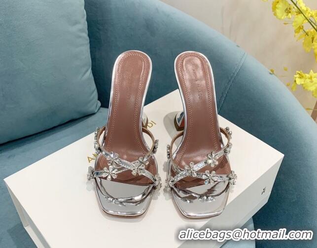 Discount Amina Muaddi Lily Leather High Heel Slide Sandals 9.5cm Silver 2082420