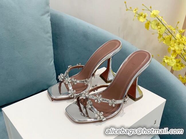 Discount Amina Muaddi Lily Leather High Heel Slide Sandals 9.5cm Silver 2082420