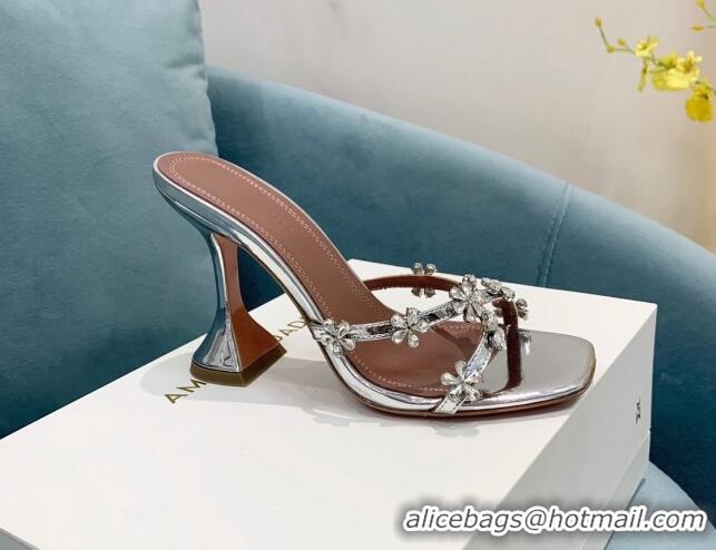 Discount Amina Muaddi Lily Leather High Heel Slide Sandals 9.5cm Silver 2082420