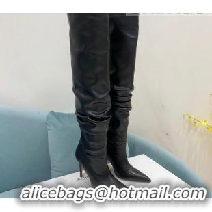 Hot Style Amina Muaddi Pleated Calf Leather High Heel Boots 9.5cm Black 100912