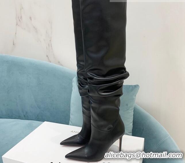 Hot Style Amina Muaddi Pleated Calf Leather High Heel Boots 9.5cm Black 100912