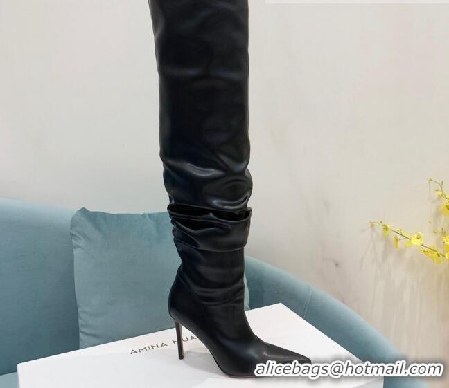 Hot Style Amina Muaddi Pleated Calf Leather High Heel Boots 9.5cm Black 100912