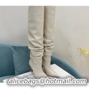 Luxurious Amina Muaddi Pleated Calf Leather High Heel Boots 9.5cm White 100913