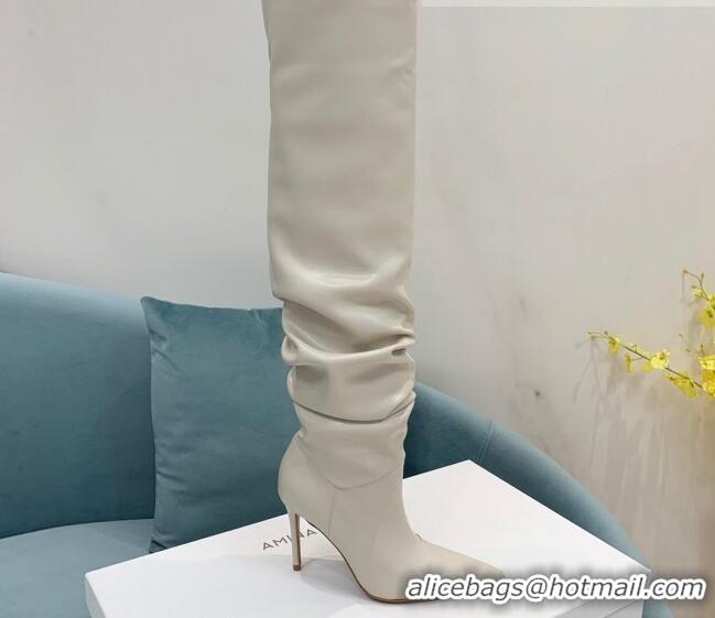 Luxurious Amina Muaddi Pleated Calf Leather High Heel Boots 9.5cm White 100913