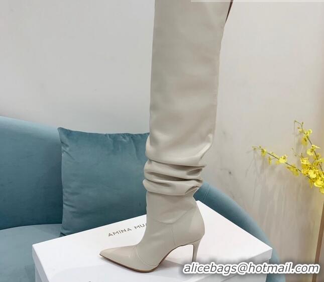 Luxurious Amina Muaddi Pleated Calf Leather High Heel Boots 9.5cm White 100913