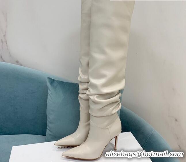 Luxurious Amina Muaddi Pleated Calf Leather High Heel Boots 9.5cm White 100913