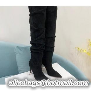 Purchase Amina Muaddi Pleated Suede High Heel Boots 9.5cm Black 100914