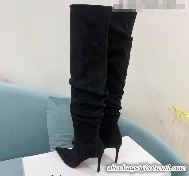 Purchase Amina Muaddi Pleated Suede High Heel Boots 9.5cm Black 100914