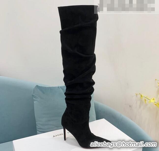 Purchase Amina Muaddi Pleated Suede High Heel Boots 9.5cm Black 100914