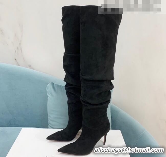 Purchase Amina Muaddi Pleated Suede High Heel Boots 9.5cm Black 100914