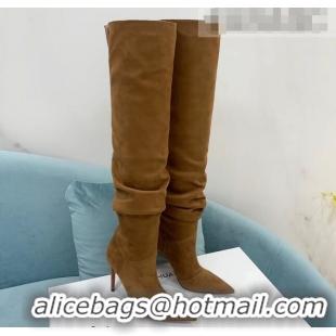 Good Product Amina Muaddi Pleated Suede High Heel Boots 9.5cm Brown 100915