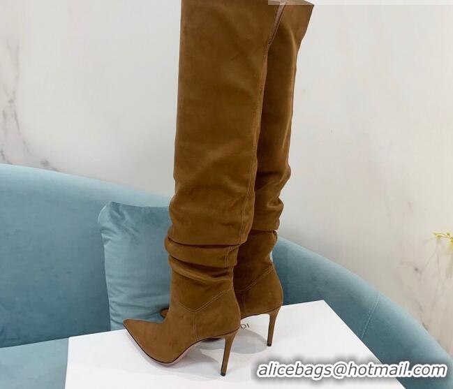 Good Product Amina Muaddi Pleated Suede High Heel Boots 9.5cm Brown 100915