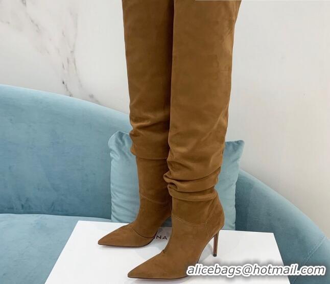 Good Product Amina Muaddi Pleated Suede High Heel Boots 9.5cm Brown 100915