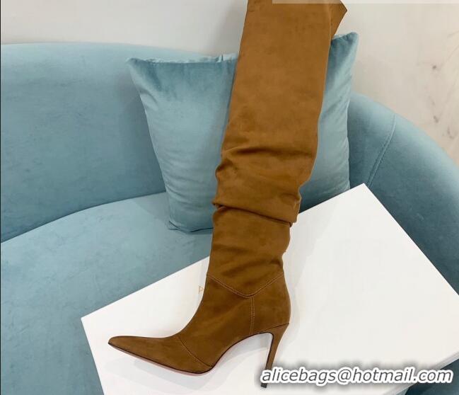 Good Product Amina Muaddi Pleated Suede High Heel Boots 9.5cm Brown 100915