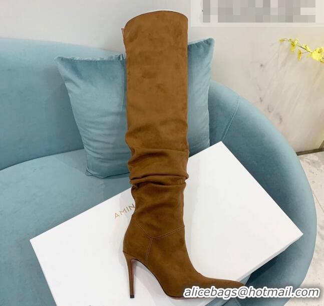 Good Product Amina Muaddi Pleated Suede High Heel Boots 9.5cm Brown 100915