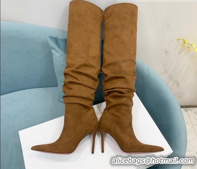 Good Product Amina Muaddi Pleated Suede High Heel Boots 9.5cm Brown 100915