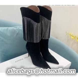 Stylish Amina Muaddi Suede High Boots 9.5cm with Crystal Tassel Black 1013100